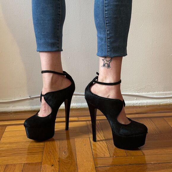 London Trash Candy Black Fur High Heel Platofrms 11us - Picture 2 of 6